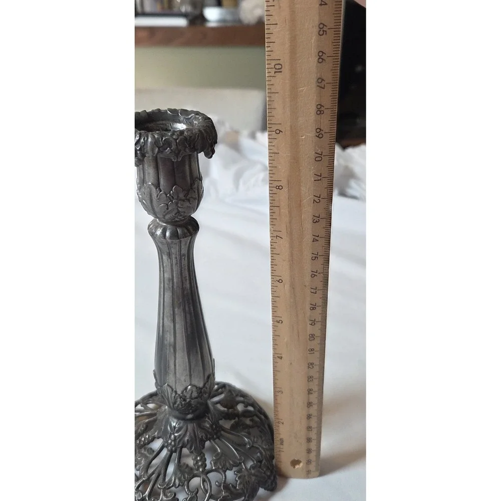 Antique Art Nouveau Grape Vine Candlestick Pewter Pierced Base 9